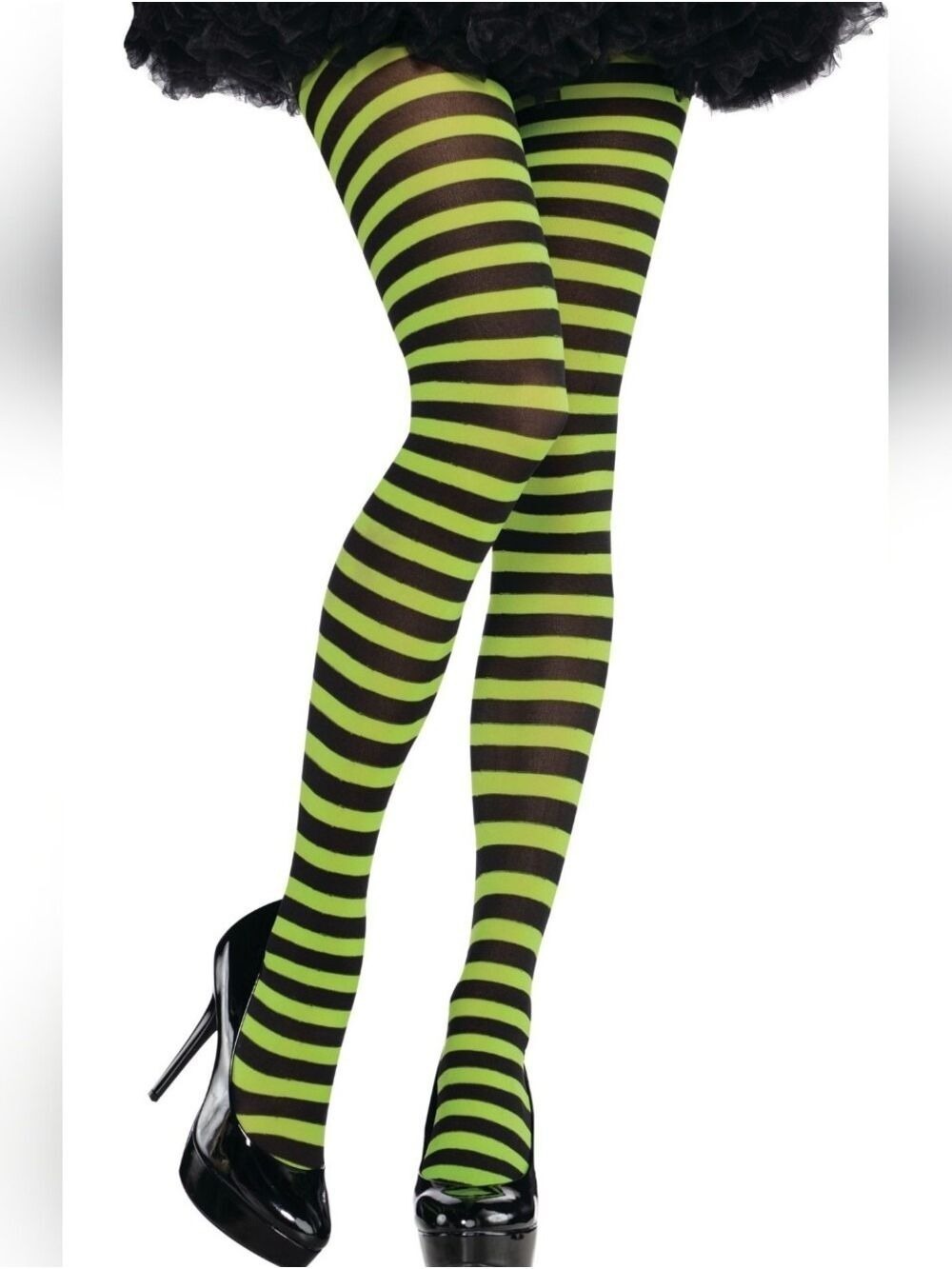 🎃 O/S • Rubies • Fluorescent Yellow Green And Black Striped Halloween Tights